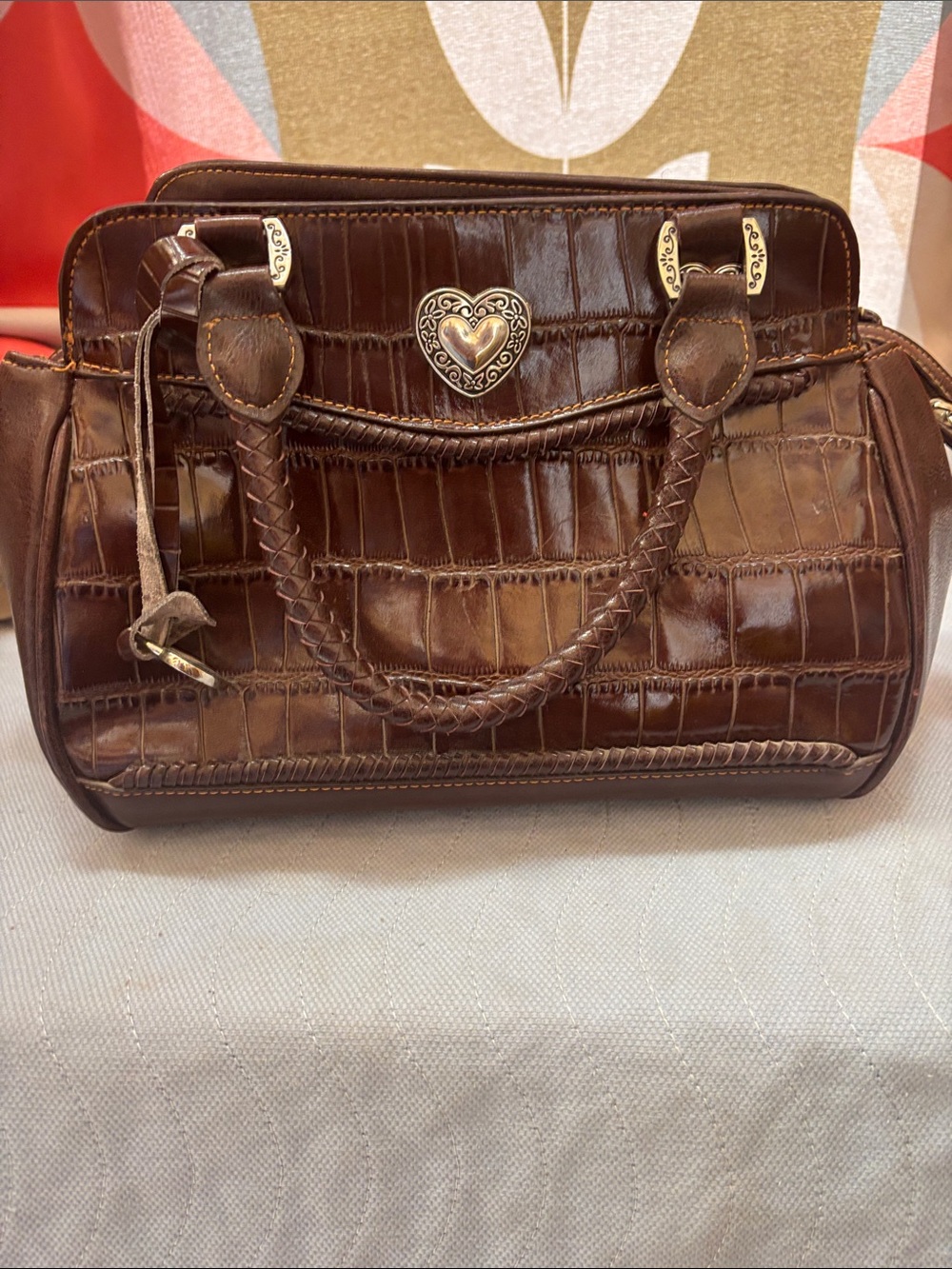 Brighton Brown Croc-Embossed Heart Accent Satchel - Women's Bag